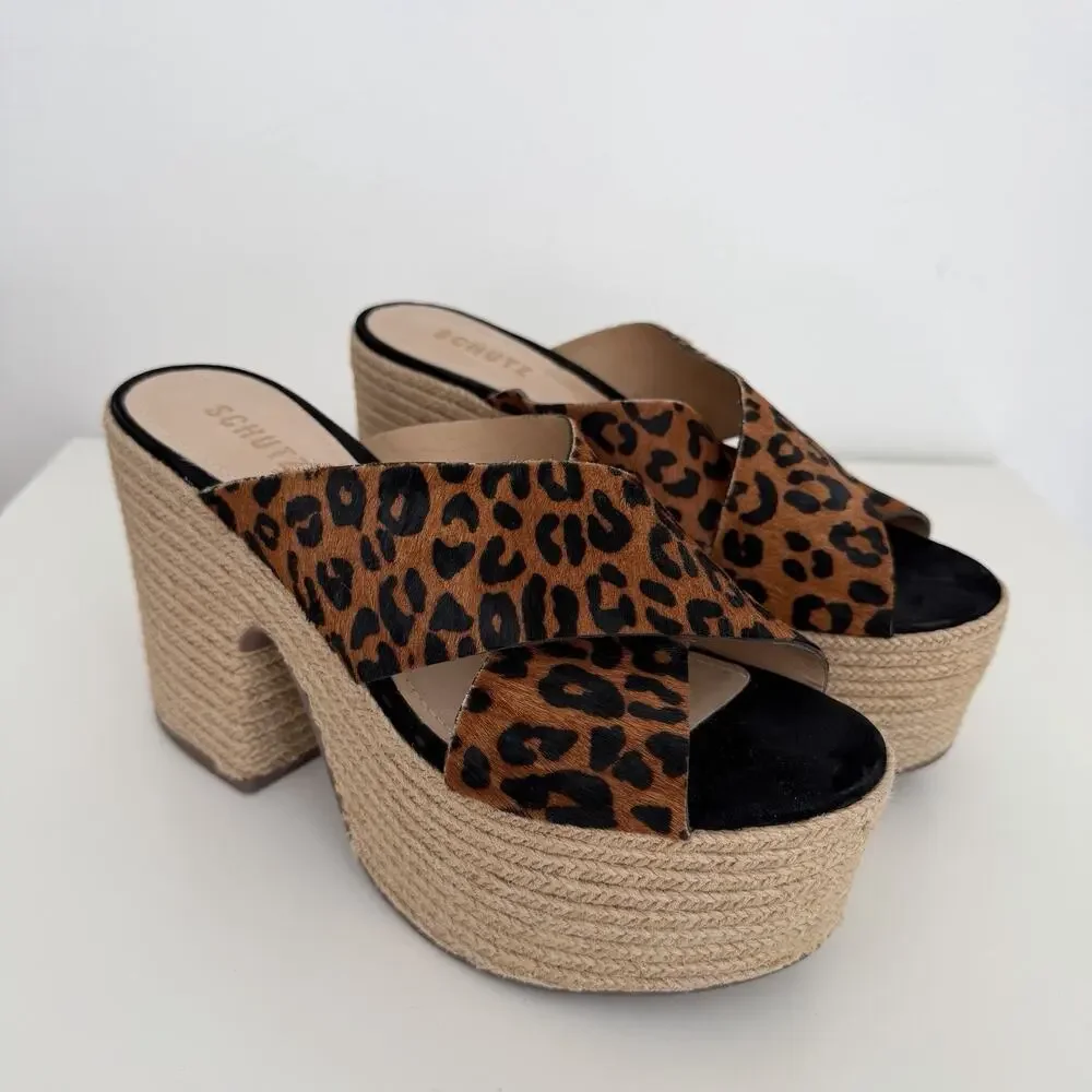 Schutz Lora Wedge Platform Slide 10 B Espadrille Jute Leopard Sandals Boho
